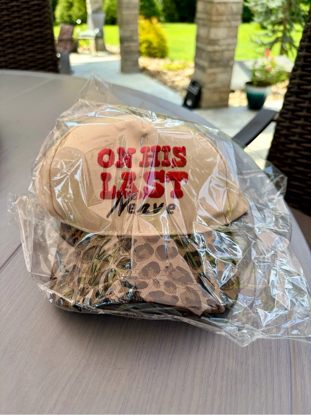 Beige Baseball Cap ‘On His Last Nerve’ & Leopard Brim ❤️